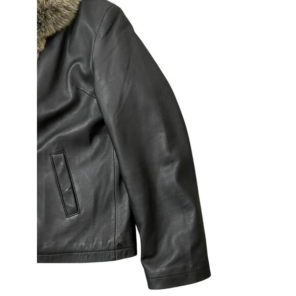 J.G. Hook Womens Black Genuine Leather Jacket Large Shawl Fox Fur Trim Coat - Picture 6 of 14